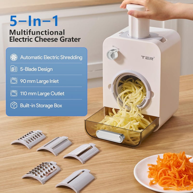 TER Electric Cheese Grater with 5 Blades, 5-in-1 Electric Vegetable Slicer for Carrots, Potatoes & More, 110mm Wide Feed Tube, Built-in Blade Storage, Fast & Easy Grating - Image 2