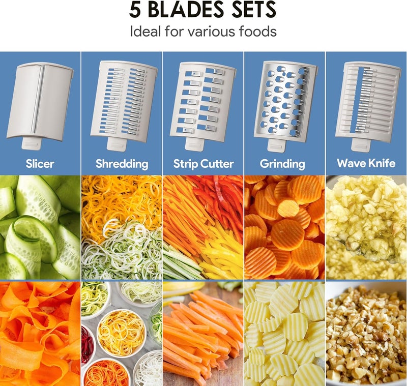 TER Electric Cheese Grater with 5 Blades, 5-in-1 Electric Vegetable Slicer for Carrots, Potatoes & More, 110mm Wide Feed Tube, Built-in Blade Storage, Fast & Easy Grating - Image 4