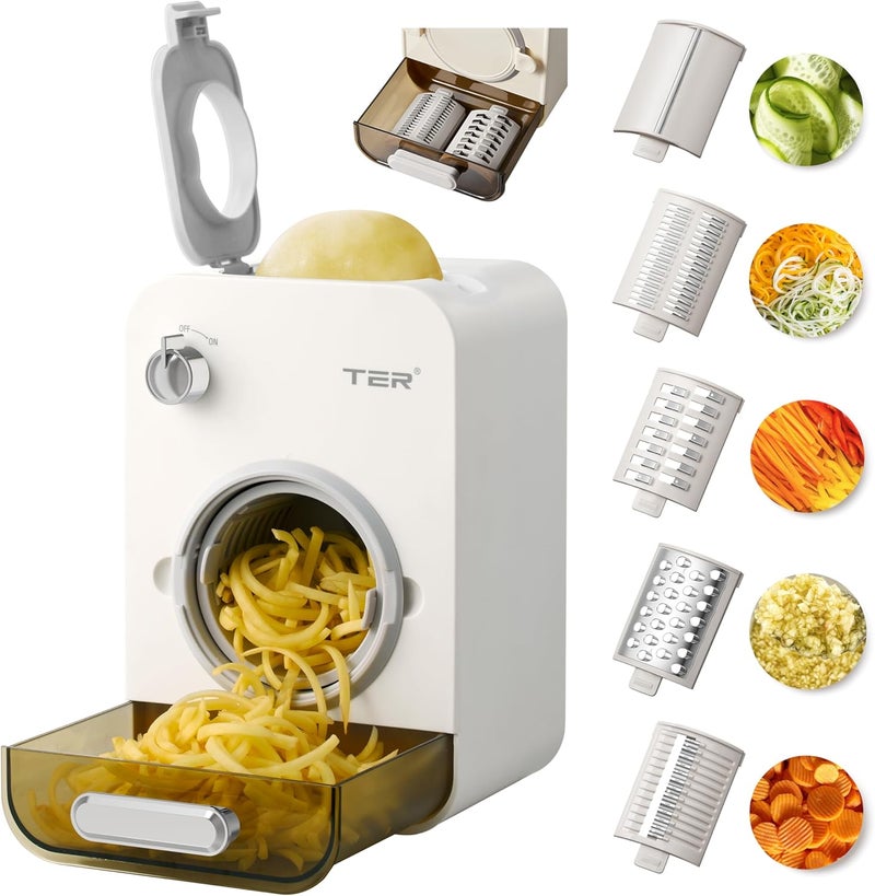 TER Electric Cheese Grater with 5 Blades, 5-in-1 Electric Vegetable Slicer for Carrots, Potatoes & More, 110mm Wide Feed Tube, Built-in Blade Storage, Fast & Easy Grating - Image 1