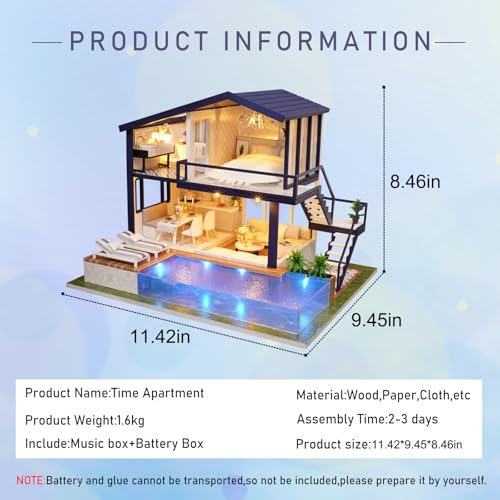 CUTEROOM Miniature House Kit, DIY Dollhouse Kit for Adults to Build, Mini House Making Kit with Furnitures, Time Apartment Dollhouse Kit with Swimming Pool Gifts for Women Girls - Image 2