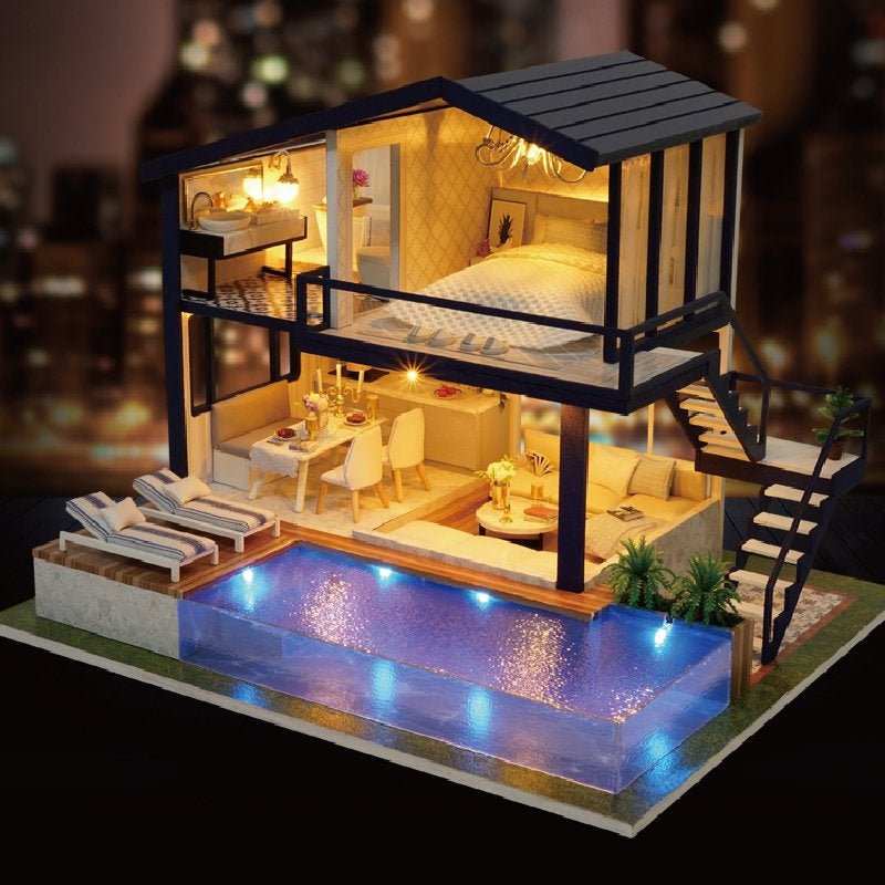 CUTEROOM Miniature House Kit, DIY Dollhouse Kit for Adults to Build, Mini House Making Kit with Furnitures, Time Apartment Dollhouse Kit with Swimming Pool Gifts for Women Girls - Image 3