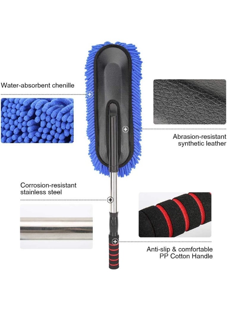Car Duster, Water Absorbant Chenille Vehicle Duster Wash Brush Interior and Exterior Cleaning Kit with Extendable Handle for Car, Auto, Bike, RV, Boats or Home - Blue - Image 4