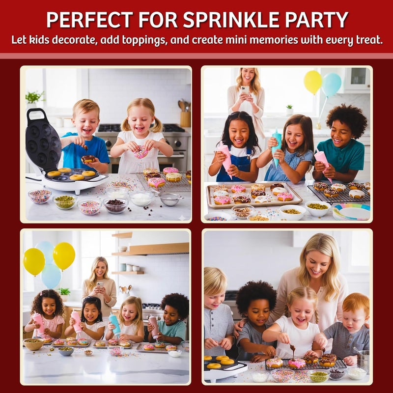 Chef Buddy Mini Donut Maker, Durable, Nonstick Easy to Use Compact Baking Machine - Cooks 7 Mini Doughnuts at a Time - Glazed, Frosted with Sprinkles, Nuts, or Vegan Donuts, & More (White) - Image 4