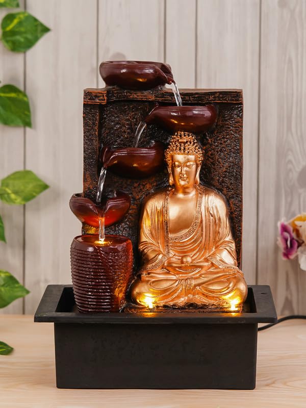 Craft Smith Polyresin Golden Brown Meditating Buddha Tabletop Indoor 4 Diya Steps Water Fountain for Home Decor with Yellow LED Light Speed Controller Pump Size 40 x 295 x 22CM Wt 2685grm - Image 1