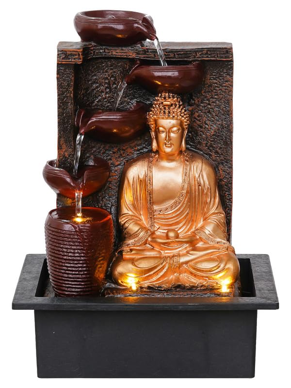 Craft Smith Polyresin Golden Brown Meditating Buddha Tabletop Indoor 4 Diya Steps Water Fountain for Home Decor with Yellow LED Light Speed Controller Pump Size 40 x 295 x 22CM Wt 2685grm - Image 5
