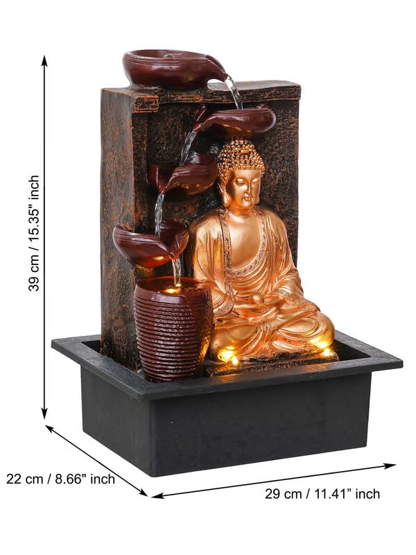 Craft Smith Polyresin Golden Brown Meditating Buddha Tabletop Indoor 4 Diya Steps Water Fountain for Home Decor with Yellow LED Light Speed Controller Pump Size 40 x 295 x 22CM Wt 2685grm - Image 3