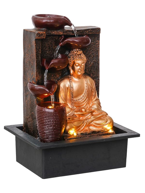 Craft Smith Polyresin Golden Brown Meditating Buddha Tabletop Indoor 4 Diya Steps Water Fountain for Home Decor with Yellow LED Light Speed Controller Pump Size 40 x 295 x 22CM Wt 2685grm - Image 2