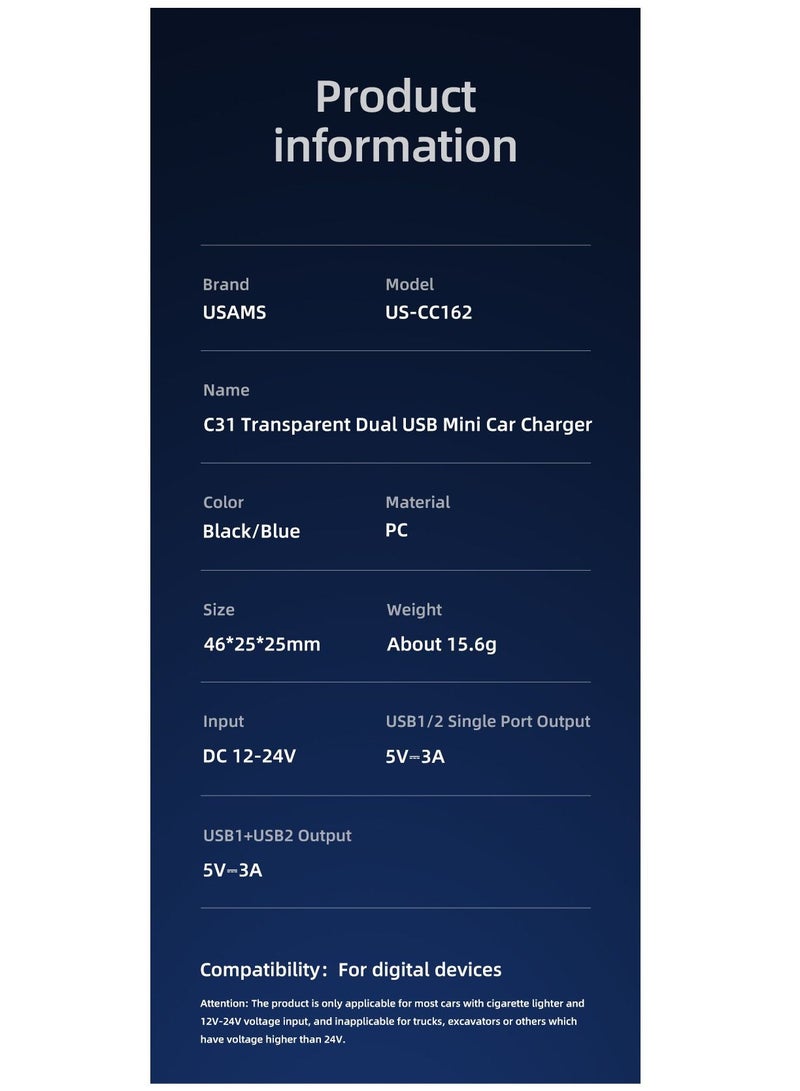 Usams Transparent Dual USB A+A Mini Car Charger - Image 5