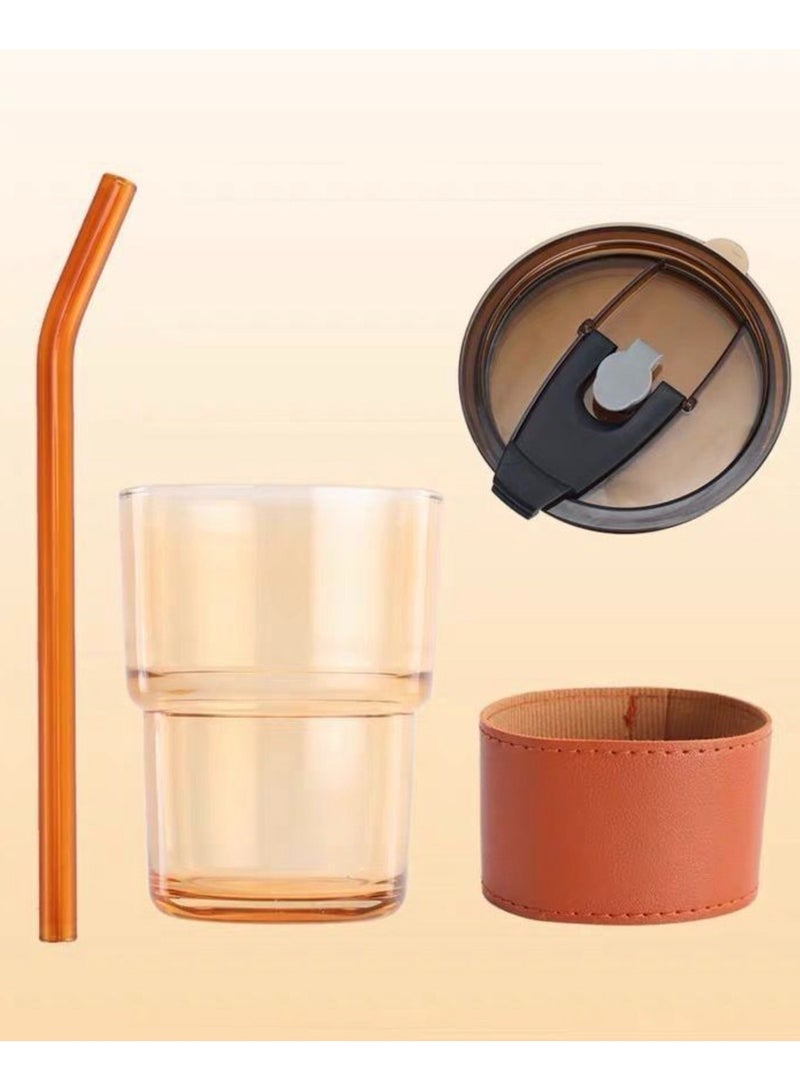 Manvik Glass Water Bottle with Clear, Leakproof Lids with Straw, Soda Cold Drink Reusable Healthy Glass for Office Domestic (Brown) 450 ML - Image 1