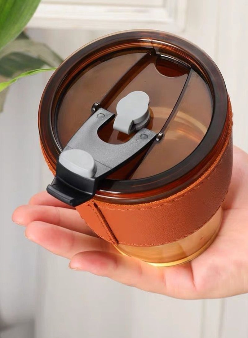 Manvik Glass Water Bottle with Clear, Leakproof Lids with Straw, Soda Cold Drink Reusable Healthy Glass for Office Domestic (Brown) 450 ML - Image 2