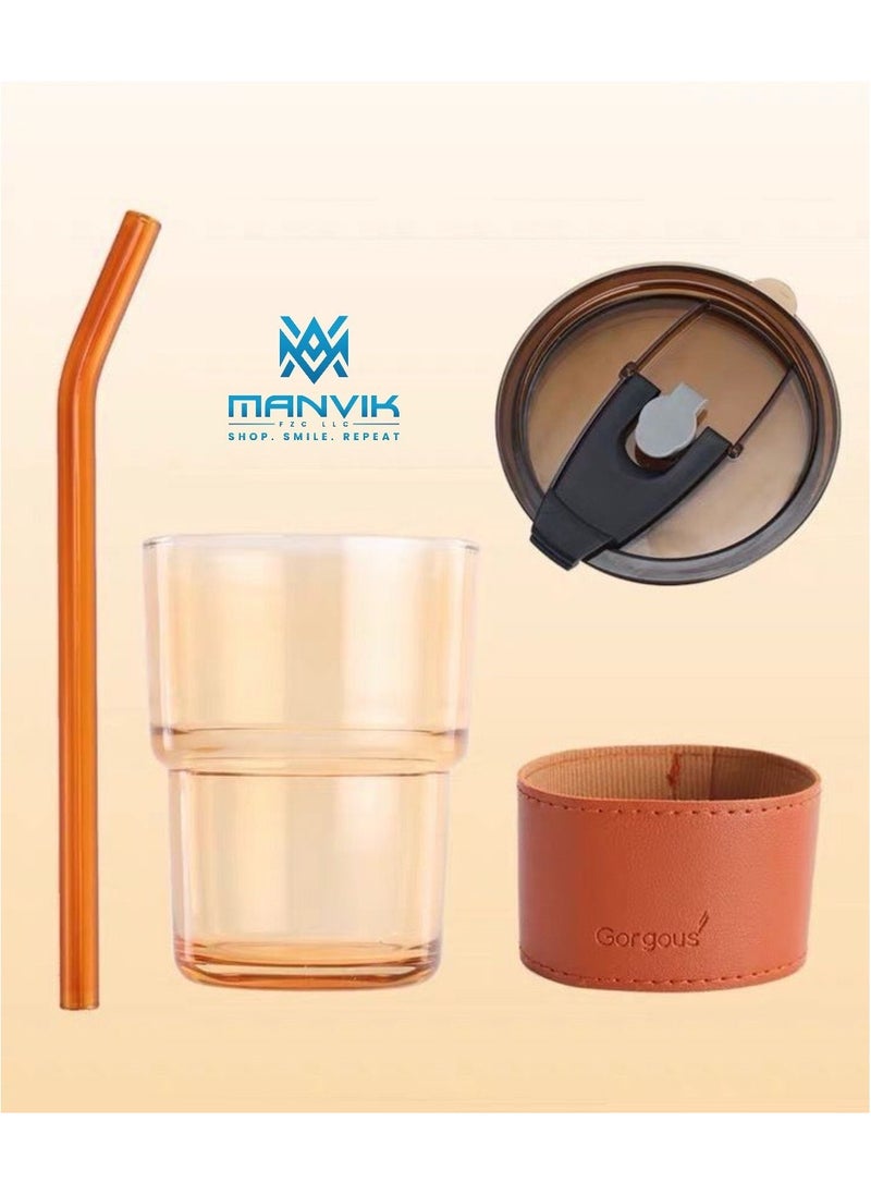 Manvik Glass Water Bottle with Clear, Leakproof Lids with Straw, Soda Cold Drink Reusable Healthy Glass for Office Domestic (Amber) 450 ML  - Image 1