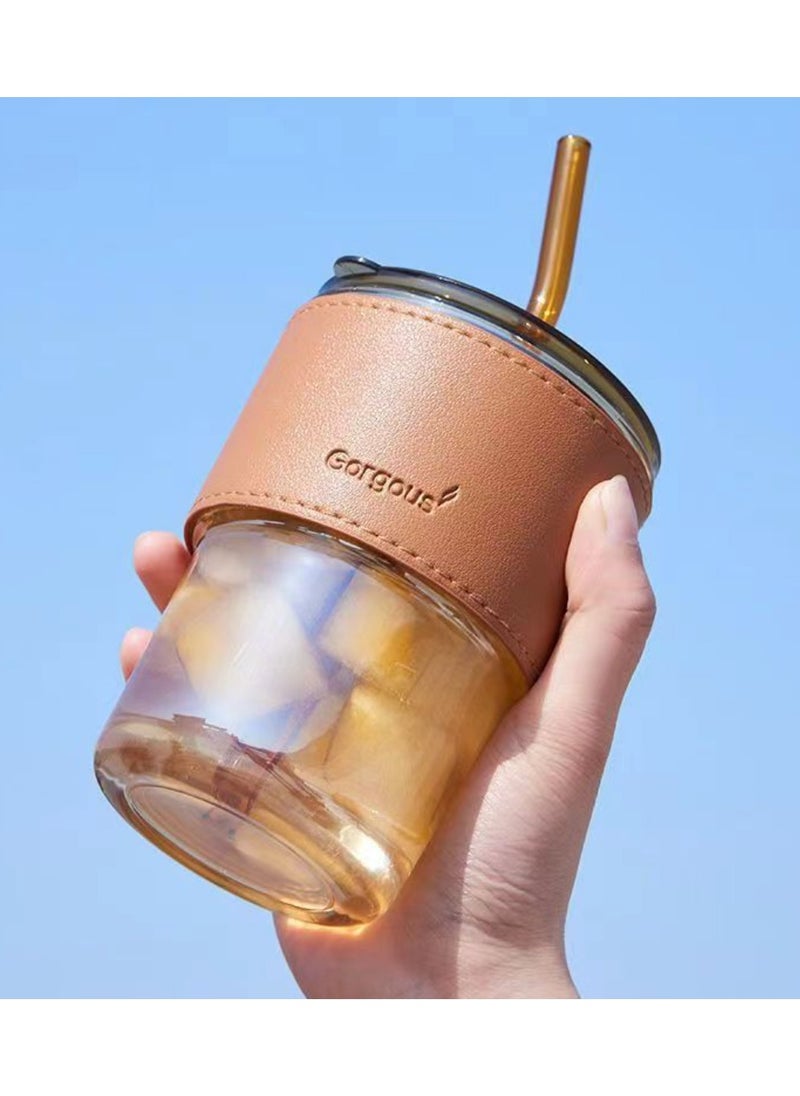 Manvik Glass Water Bottle with Clear, Leakproof Lids with Straw, Soda Cold Drink Reusable Healthy Glass for Office Domestic (Amber) 450 ML  - Image 4