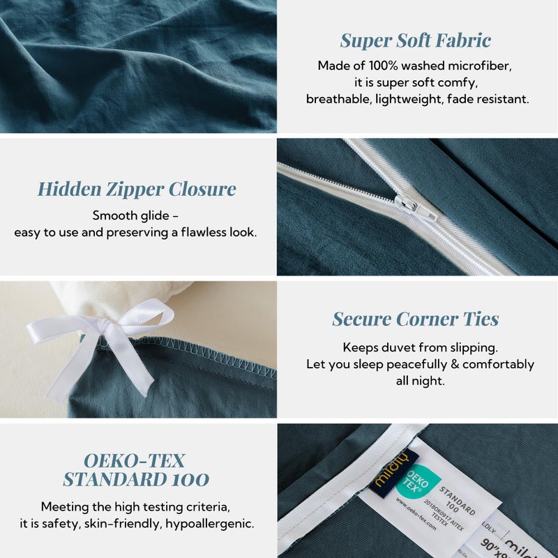 MILDLY Super Soft Duvet Cover - 100% Washed Microfiber Peacock Blue Comforter Cover Set 3 Pieces with Zipper Closure & Corner Ties (No Comforter) - Image 5