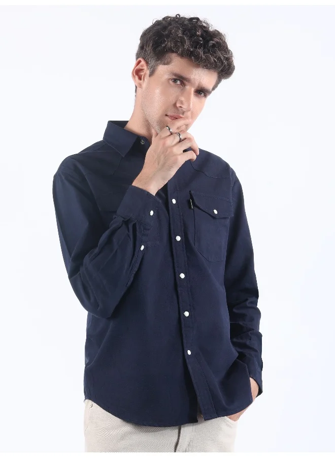Beyoung Navy V-Shaped Front Yoke Shirt