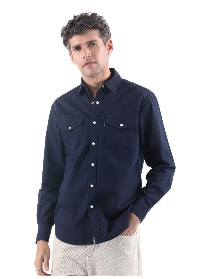 Beyoung Navy V-Shaped Front Yoke Shirt