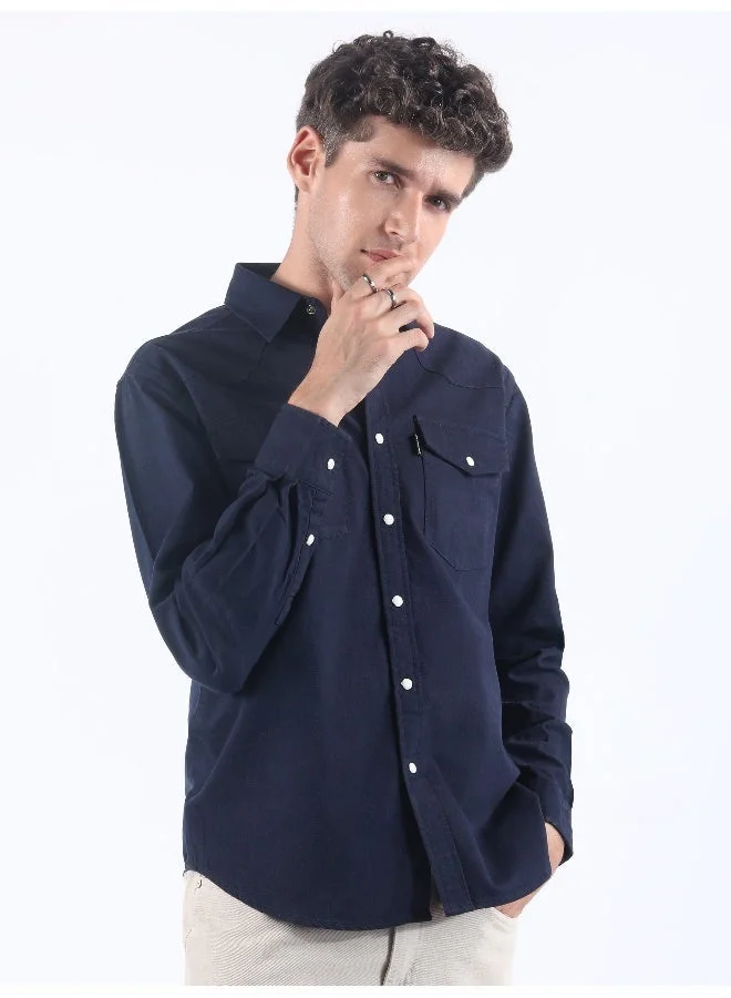 Beyoung Navy V-Shaped Front Yoke Shirt