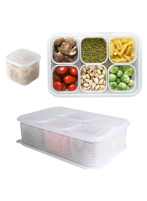 Reusable Plastic Food Storage Containers for Fridge, Large Food Storage Container with 6 Detachable Small Bins for Organizing and Storing Vegetables, Fruits, Meat, Fish, Fresh Keeping