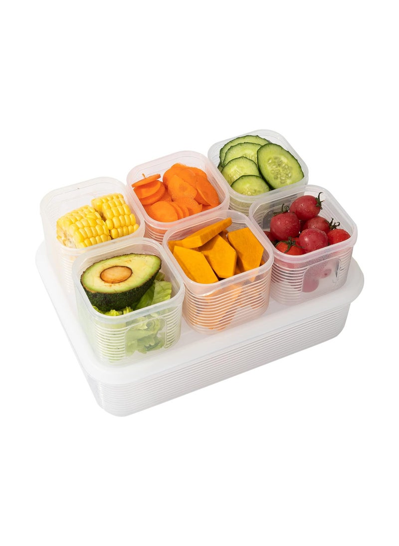 Reusable Plastic Food Storage Containers for Fridge, Large Food Storage Container with 6 Detachable Small Bins for Organizing and Storing Vegetables, Fruits, Meat, Fish, Fresh Keeping