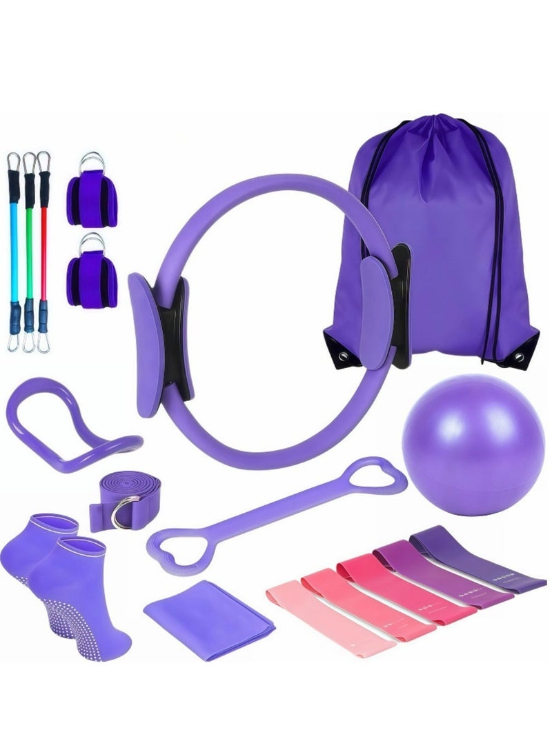 NIUB 18PCS Pilates Set, Yoga Fitness Kit Includes Pilates Ring, Pilates Ball, Magic Circle, Resistance Bands, Elastic Bands, Anti Slip Socks, Yoga Strap, Yoga Starter Set  for Women, Home Workout Equipment Set - Image 2