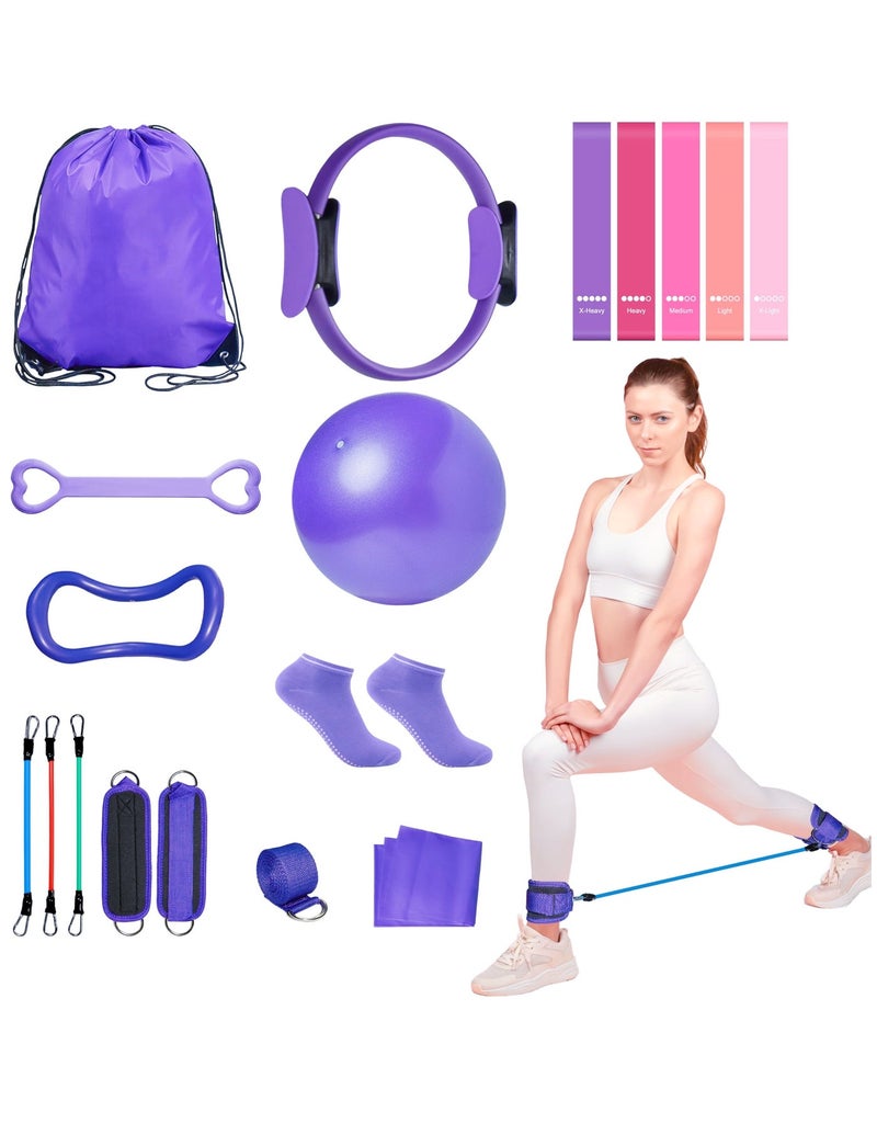 NIUB 18PCS Pilates Set, Yoga Fitness Kit Includes Pilates Ring, Pilates Ball, Magic Circle, Resistance Bands, Elastic Bands, Anti Slip Socks, Yoga Strap, Yoga Starter Set  for Women, Home Workout Equipment Set - Image 1