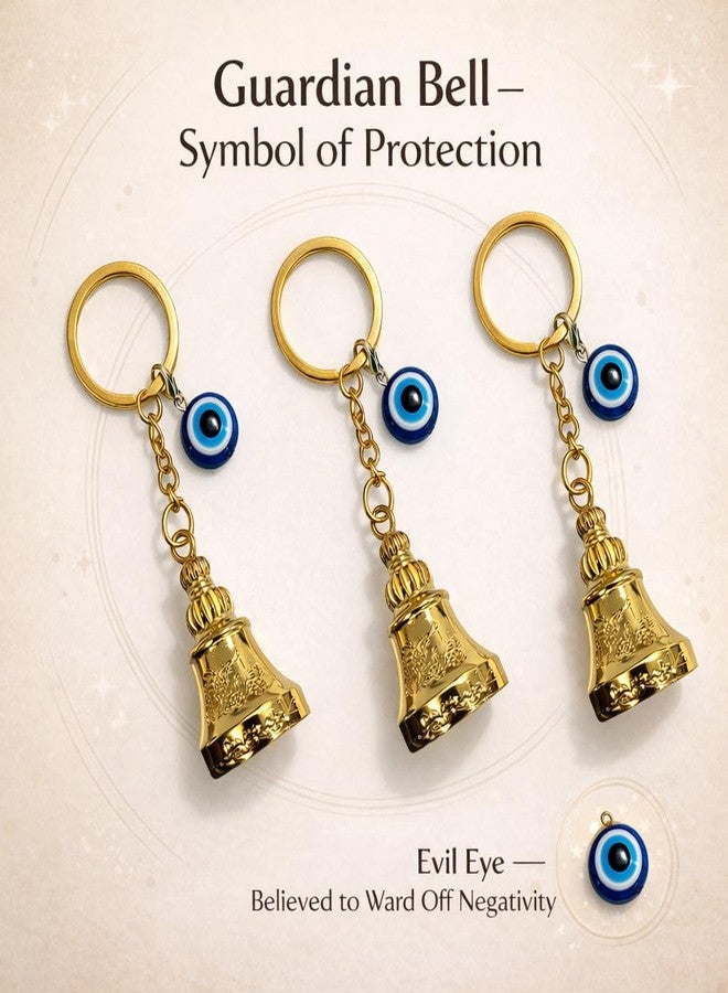 AEROSTARK Combo of 3 Shiny Golden Guardian Bell For Bike Keychain with Evil Eye Charm | Chrome Plated Lucky Motorcycle Protection Bells | Gold Bike Car Keychain Gift Set - Image 3