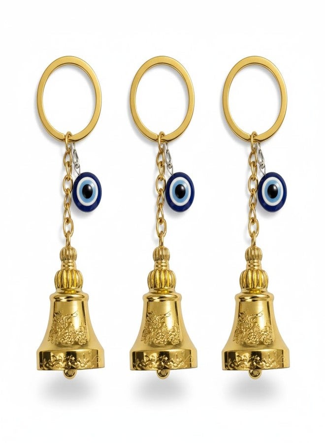 AEROSTARK Combo of 3 Shiny Golden Guardian Bell For Bike Keychain with Evil Eye Charm | Chrome Plated Lucky Motorcycle Protection Bells | Gold Bike Car Keychain Gift Set - Image 1
