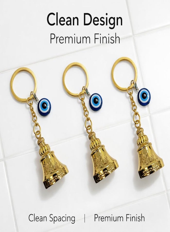 AEROSTARK Combo of 3 Shiny Golden Guardian Bell For Bike Keychain with Evil Eye Charm | Chrome Plated Lucky Motorcycle Protection Bells | Gold Bike Car Keychain Gift Set - Image 2