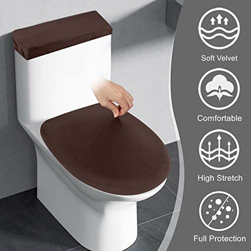 AZHCHKE Stretch Velvet Toilet Lid Cover and Toilet Tank Lid Cover, Bathroom Super Soft Toilet Lid Cover Set Luxury Velvet Plush, with Elastic Bottom, Machine Wash, Coffee - Image 2