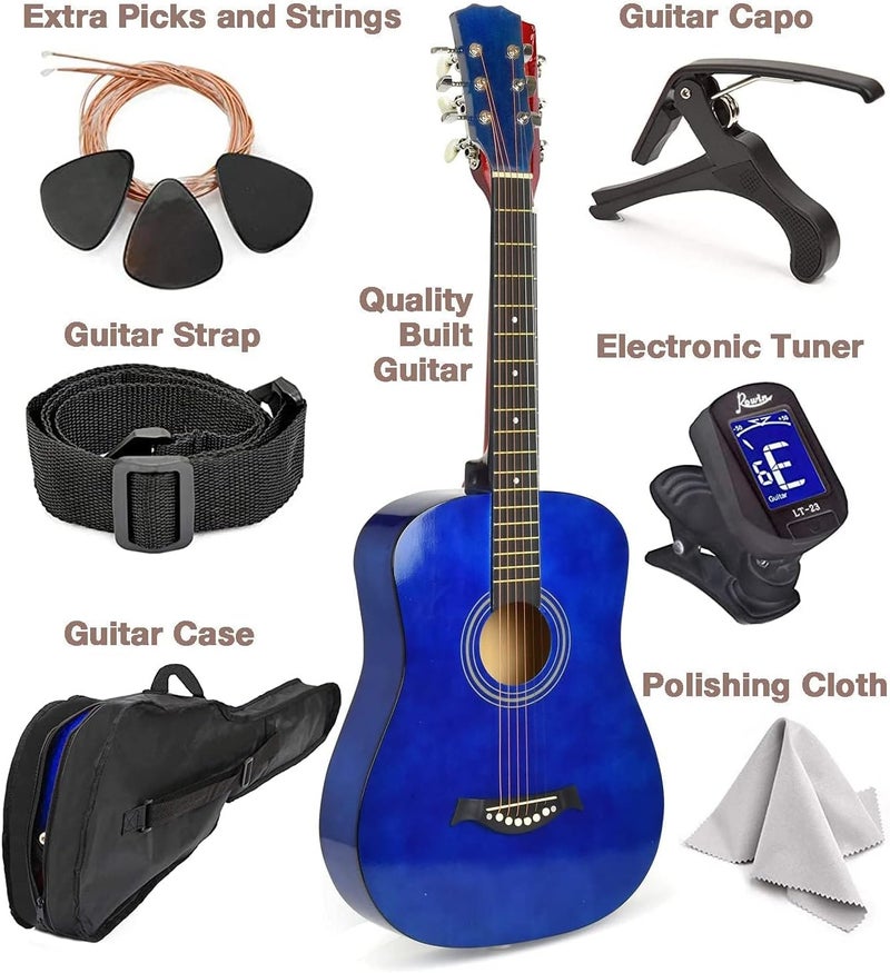 Masterplay Left Handed Acoustic Guitar For Kids By MasterPlay- 30” Beginner Guitar For Learners- Accoustic String Starter Kit: Guitar Bag, Tuner, Strap, Extra Strings, Picks, Wash Cloth, Capo (Blua) - Image 2