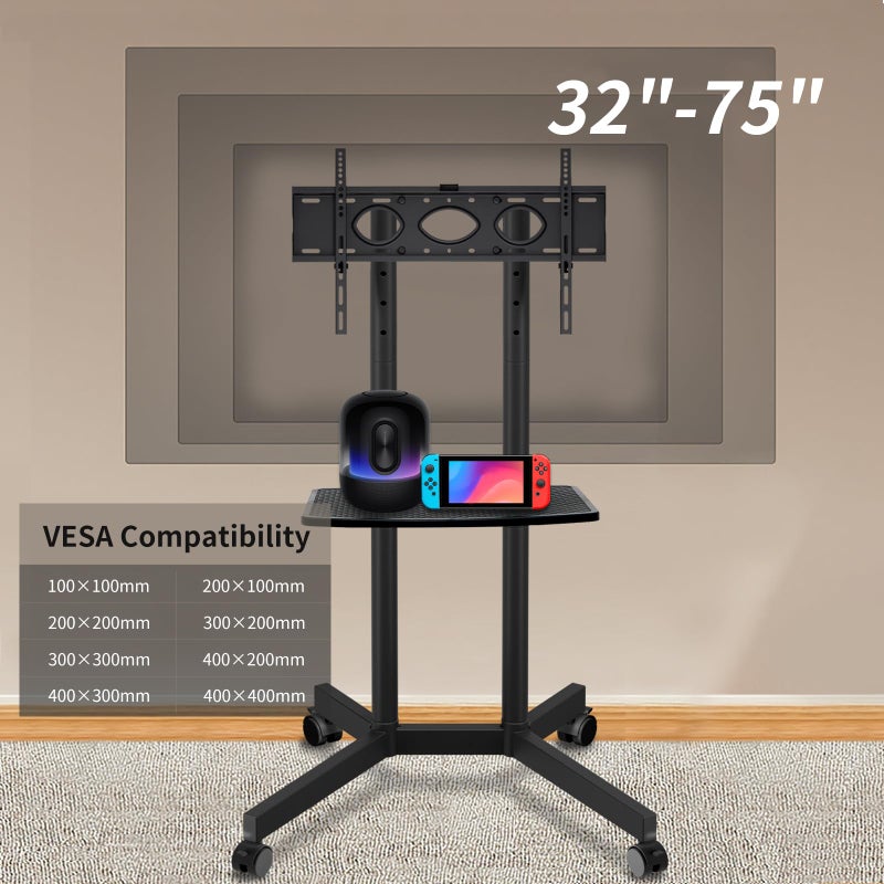 SolidGrace Solid Grace Rolling TV Stand with Power Outlet for 32-75 Inch TVs up to 88lbs, Portable TV Stand with Shelf, Mobile TV Cart for Living Room, Office, Meeting Room, Outdoor(with Power Outlet+Shelf) - Image 2