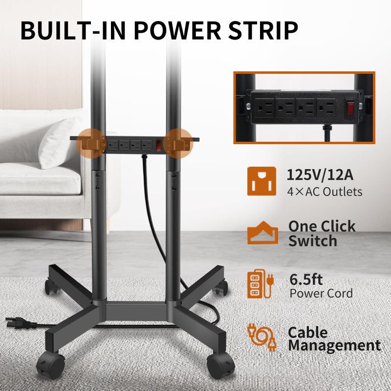 SolidGrace Solid Grace Rolling TV Stand with Power Outlet for 32-75 Inch TVs up to 88lbs, Portable TV Stand with Shelf, Mobile TV Cart for Living Room, Office, Meeting Room, Outdoor(with Power Outlet+Shelf) - Image 3