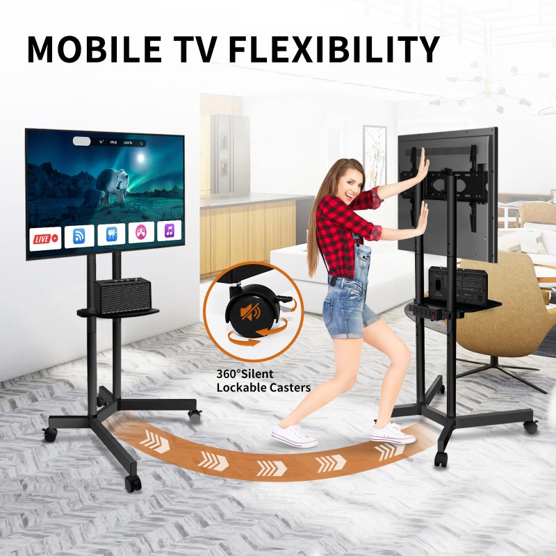 SolidGrace Solid Grace Rolling TV Stand with Power Outlet for 32-75 Inch TVs up to 88lbs, Portable TV Stand with Shelf, Mobile TV Cart for Living Room, Office, Meeting Room, Outdoor(with Power Outlet+Shelf) - Image 4