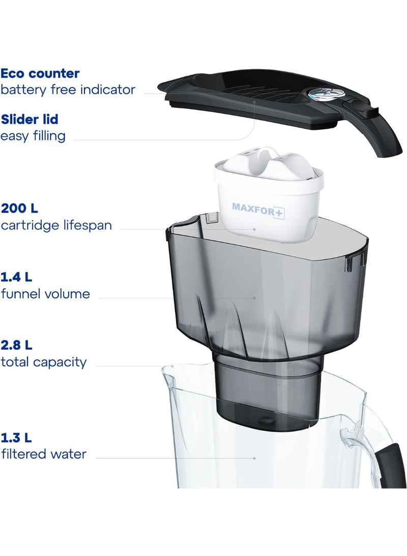 Aquaphor Amethyst Water Filter Jug, + 2 Extra Cartridges, 2.8L Capacity, Slider Lid and Compact Design, Reduces Chlorine, Rust, Heavy Metals, Provides Odorless and Tasty Water, Fridge-Friendly, BPA-Free, Water Purifier Jug for Daily Use (Black) - Image 2