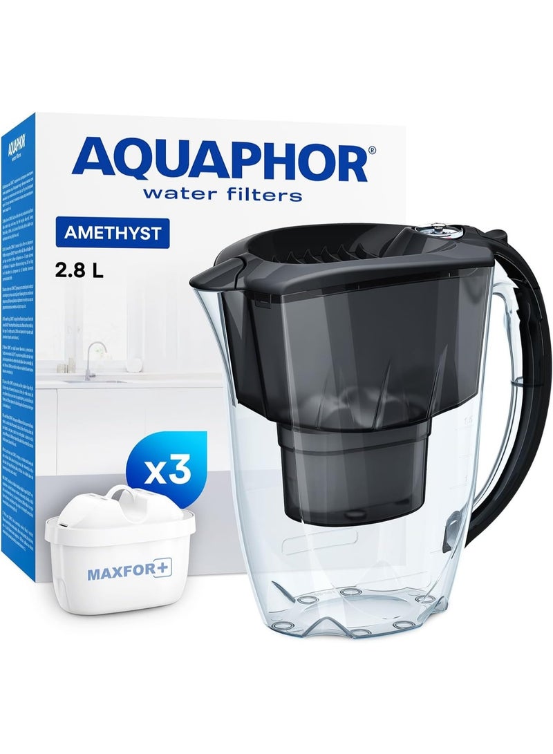 Aquaphor Amethyst Water Filter Jug, + 2 Extra Cartridges, 2.8L Capacity, Slider Lid and Compact Design, Reduces Chlorine, Rust, Heavy Metals, Provides Odorless and Tasty Water, Fridge-Friendly, BPA-Free, Water Purifier Jug for Daily Use (Black) - Image 1