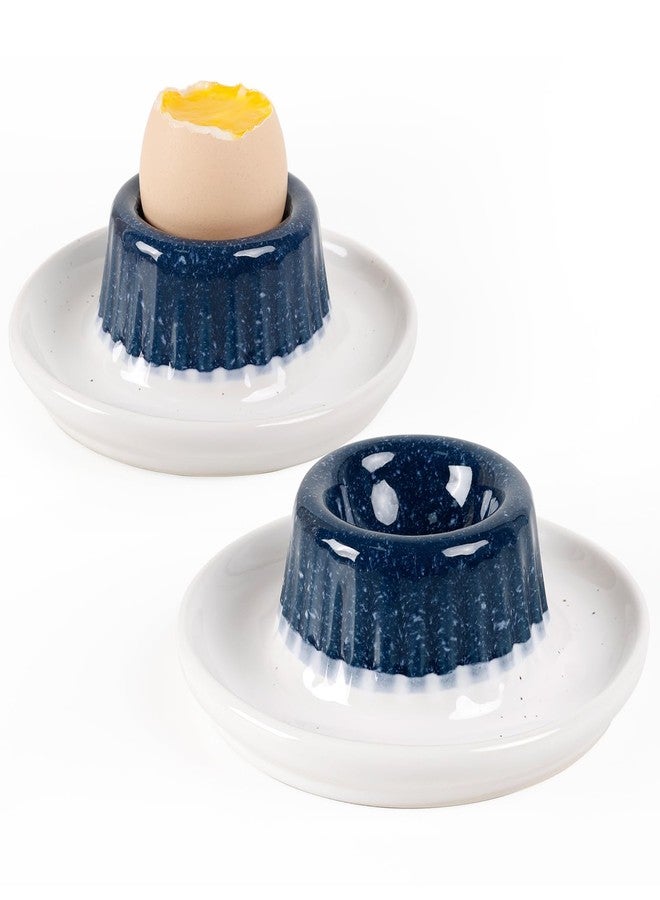 INGOFIN 2 Pcs Ceramic Egg Cups, Soft Boiled Egg Holders Set, Classic Porcelain Stackable, Easy to Clean Tray, Decorative Serving Dish for Breakfast, Easter or Kitchen, Starry Blue&Beige - Image 1