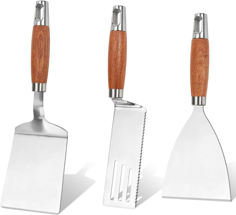Vayvnt Stainless Steel Spatula Set, Metal Spatula Set for Cast Iron Skillet, Heavy Duty Solid & Slotted Grill Griddle Turners, Wooden Handle & Beveled Edge, Ideal for Grilling, Cooking, Barbecue - Image 1