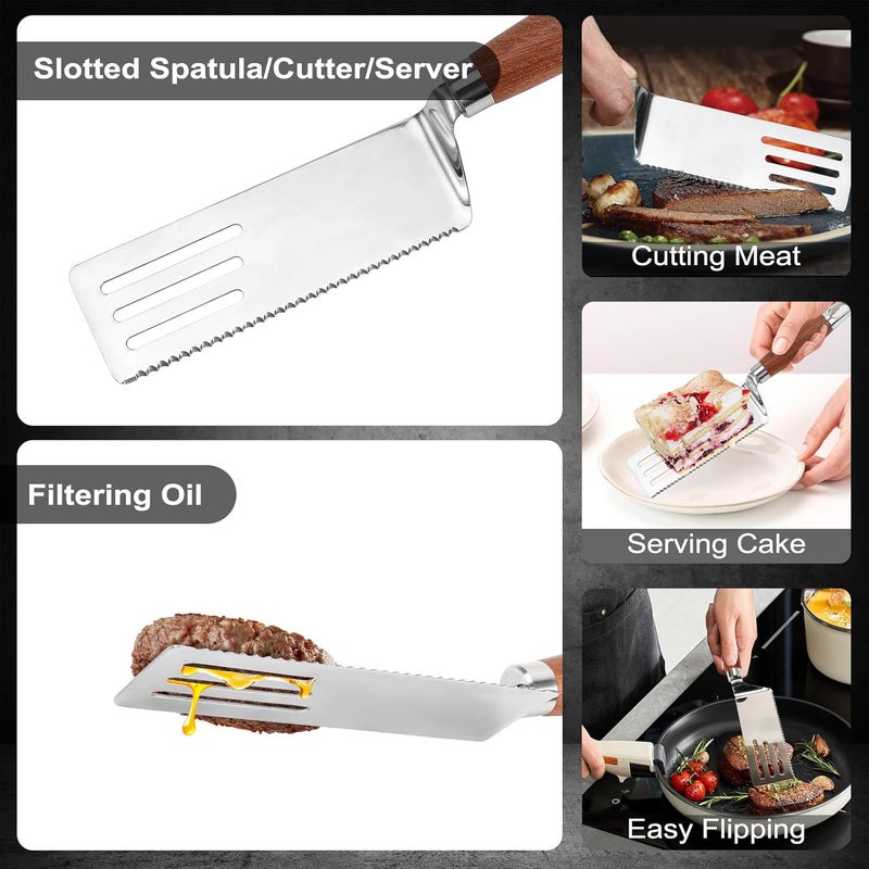 Vayvnt Stainless Steel Spatula Set, Metal Spatula Set for Cast Iron Skillet, Heavy Duty Solid & Slotted Grill Griddle Turners, Wooden Handle & Beveled Edge, Ideal for Grilling, Cooking, Barbecue - Image 4