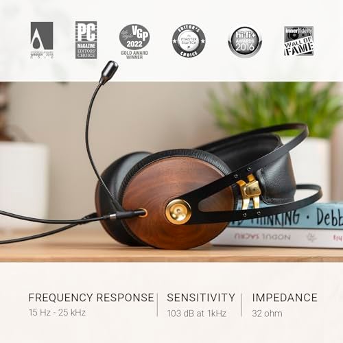 MEZE AUDIO 99 Classics Walnut Gold Boom Mic Headset Wired OverEar Headphones with Boom Microphone and Self Adjustable Headband ClosedBack Headset for Gaming Remote Work Audiophiles - Image 3