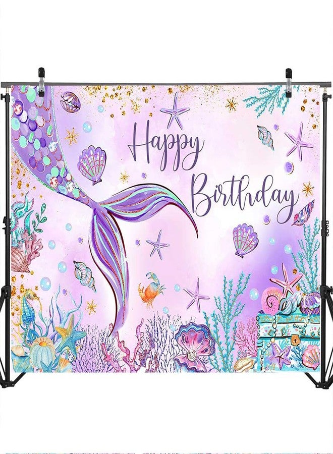 Mocsicka Mermaid Birthday Backdrop Girl Mermaid Birthday Party Decorations Under The Sea Happy BirthdayBackground Decorations for Girls Starfish Shell Seaweed Photography Background (Purple, 7x5ft) - Image 4