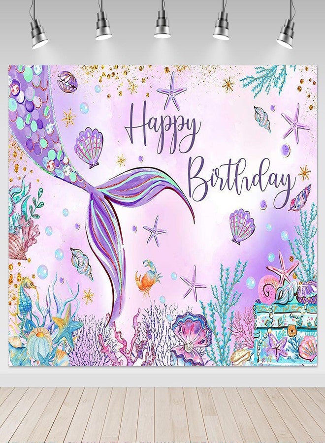 Mocsicka Mermaid Birthday Backdrop Girl Mermaid Birthday Party Decorations Under The Sea Happy BirthdayBackground Decorations for Girls Starfish Shell Seaweed Photography Background (Purple, 7x5ft) - Image 1