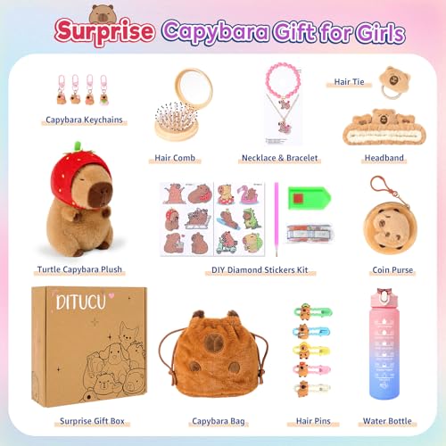 Ditucu Strawberry Capybara Plush Gifts for Girls 4 5 6 7 8 9 10 Years Old with Stuffed AnimalStickersWater BottleBagCoin PurseKeychainsHair AccessoriesCombNecklaceBracelet Plushies Toys Set - Image 5
