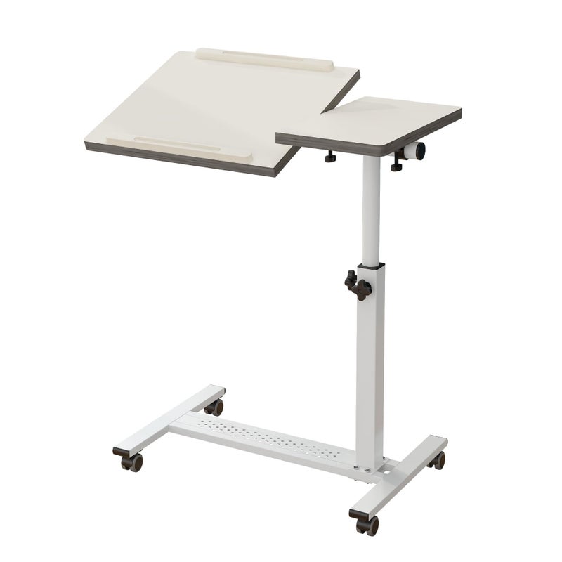 TigerDad Over Bed Table with Wheels Adjustable  Rolling Laptop Table Overbed Desk Hospital Tray Table Sofa Chair Side Table for Home Office White