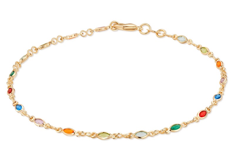 Barzel 18K Gold Plated Gold and Multi Color Crystal Baguette Anklet, 10 Inches - Made in Brazil - Image 1