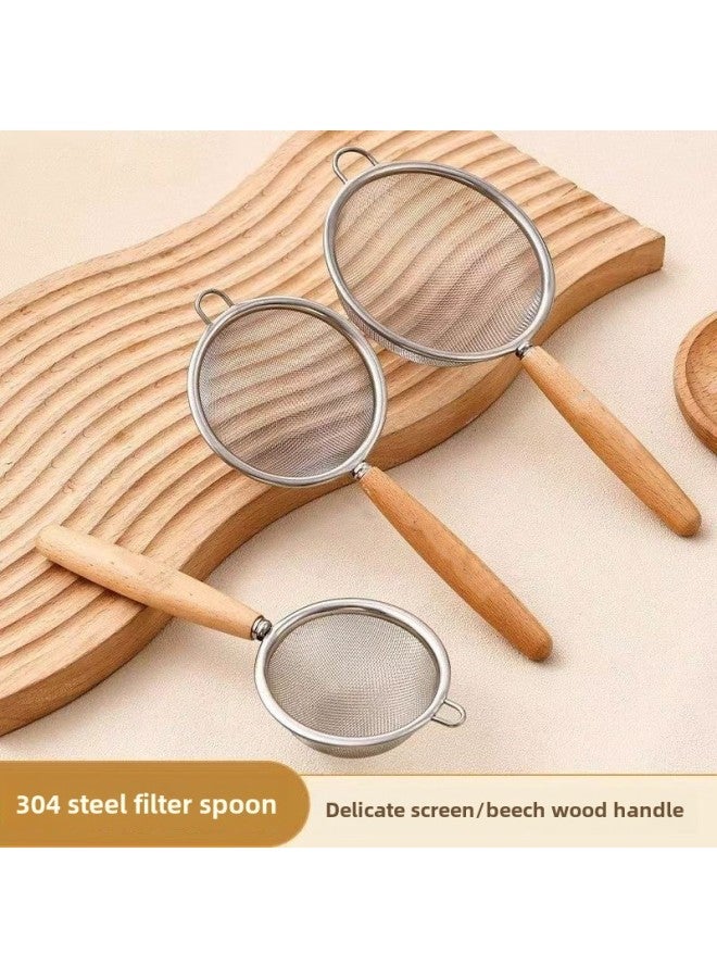 304 Stainless Steel Food Grade Colander Filter Net Spoon Short Handle Small Size Juice Baking Small Size Flour Sieve Style-Specifications:10cm Wooden Handle-Color:Brown  - Image 2