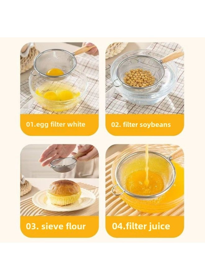 304 Stainless Steel Food Grade Colander Filter Net Spoon Short Handle Small Size Juice Baking Small Size Flour Sieve Style-Specifications:10cm Wooden Handle-Color:Brown  - Image 4