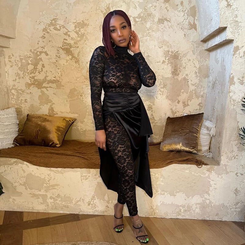 YOUFE Women's Lace See Through Jumpsuit Bodycon Sexy Club Outfits Long Sleeve Pleated High Split Midi Skirt One Piece Set - Image 4