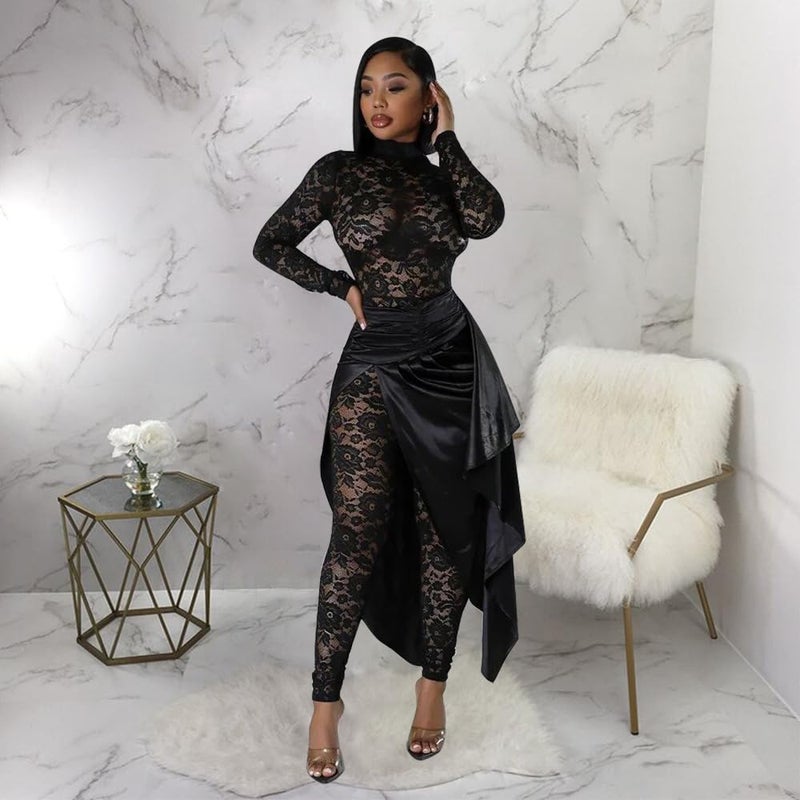 YOUFE Women's Lace See Through Jumpsuit Bodycon Sexy Club Outfits Long Sleeve Pleated High Split Midi Skirt One Piece Set - Image 3