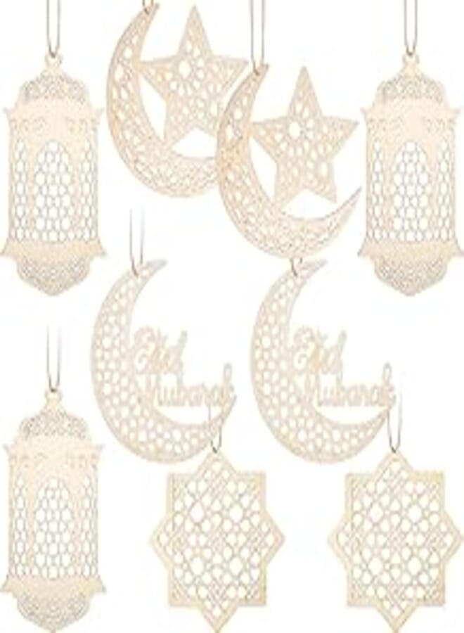 9 Pieces Wooden Pendant Ornament Ramadan Kareem Hollow Decoration Moon Star Wind Light Shape Pendant Ornament Rustic Happy Eid Hanging Sign for Ramadan Mubarak Eid Party Decorations