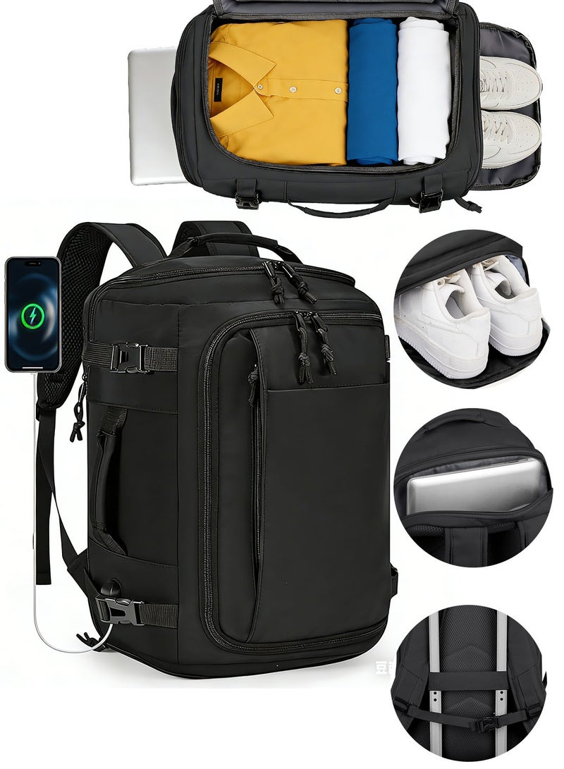 شنطة ظهر رجالية للسفر قابلة للتوسعة (22-30 لتر)، حقيبة لابتوب للرجال 15.6 بوصة معتمدة للطيران مع جيب رطب، مقاومة للماء وتفتح 180 درجة، شنطة عمل كبيرة، أسود - Image 1
