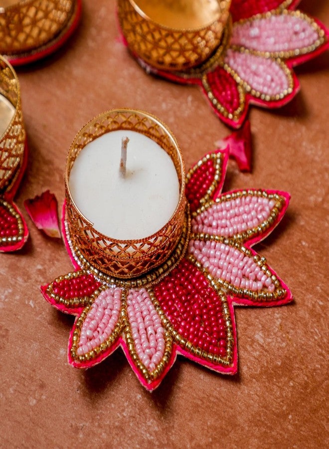 Desi Favors Handmade Pink Rangoli Lotus Floor Diya | Tealight Candle Holder | Lotus Diya for Indian Pooja, Festival Decor, Home Office Temple, Mandir, Wedding Decoration, Gift Items - 3.5 Inch (Pack 2) - Image 3